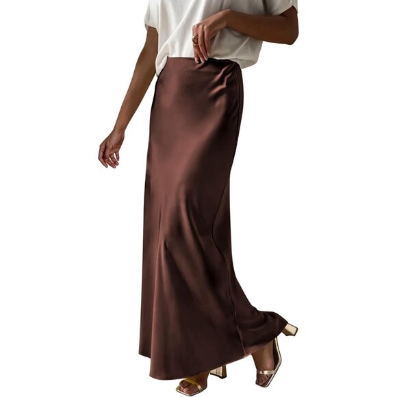 Elegant Satin Maxi Skirt for Women High Waisted Deep Brown Silk Dressy Casul - Picture 1 of 7